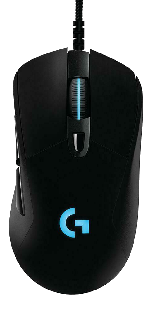 Fekete Logitech G gaming egér kék megvilágítású logóval és görgetéssel.