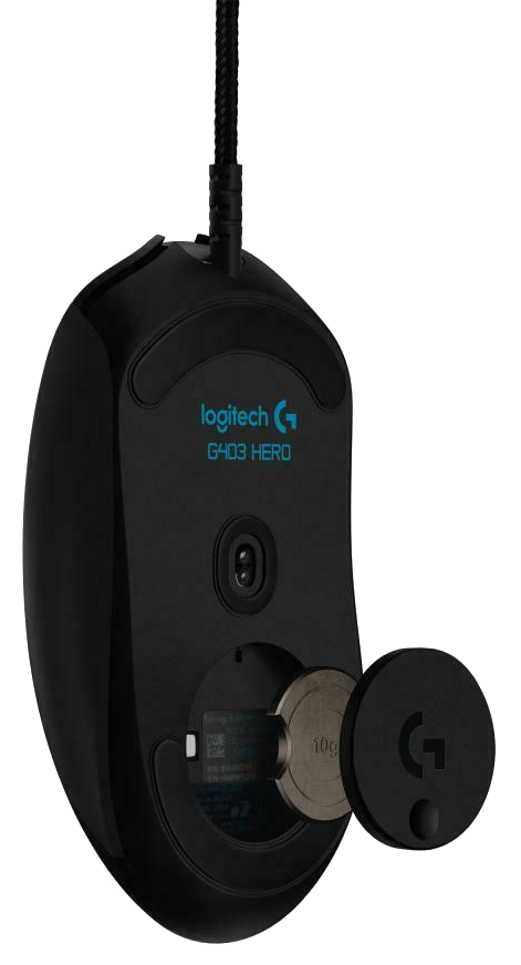 Fekete Logitech G403 HERO egér nyitott súlyrekesszel, súlyt mutatva.