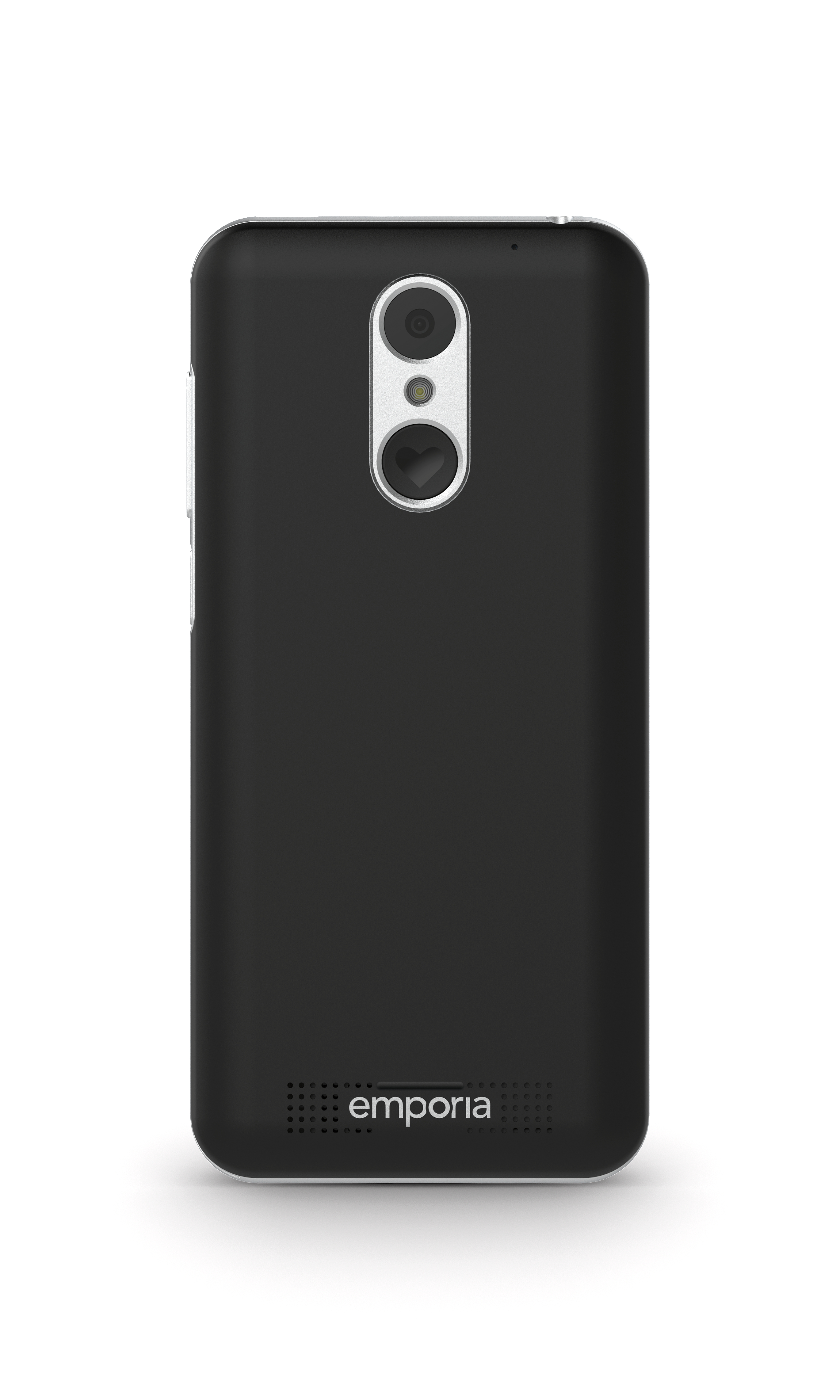 Eine schwarze Emporia Smartphone-Rückseite mit Dual-Kamera und Markenname am unteren Rand.