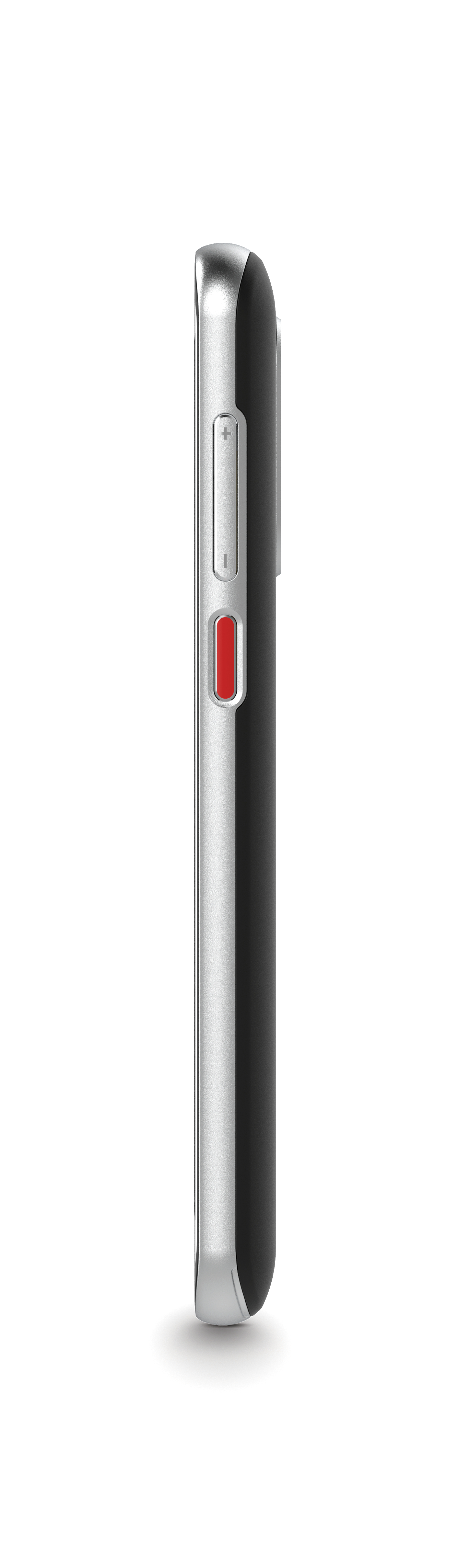 Seitenansicht eines schwarzen Smartphones mit silberner Umrandung, mit Tasten und einem roten Einschaltknopf.