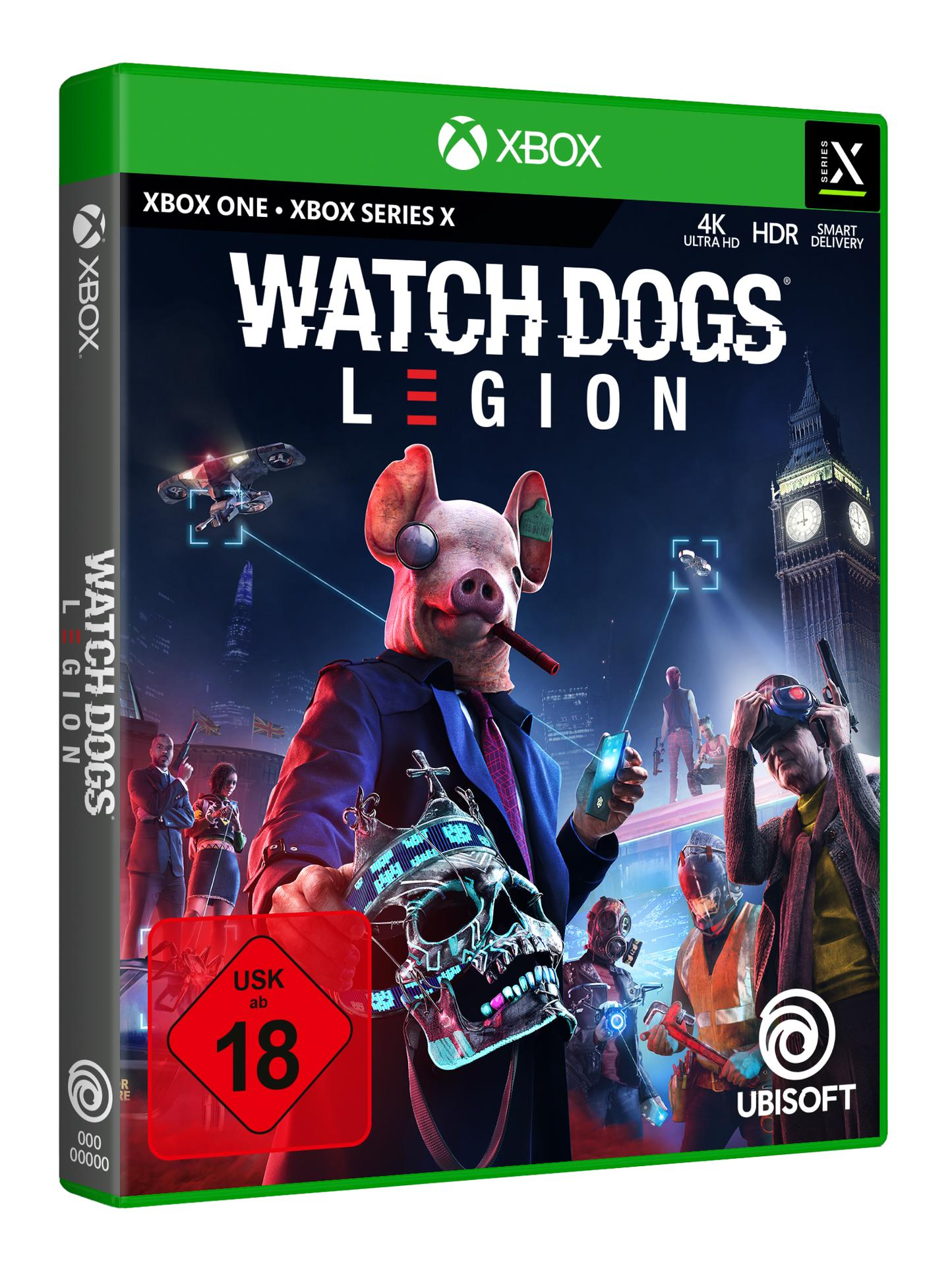 Spielbox-Art für Watch Dogs Legion. Eine Person mit Schweinemaske und Totenkopf, die ein Telefon hält.