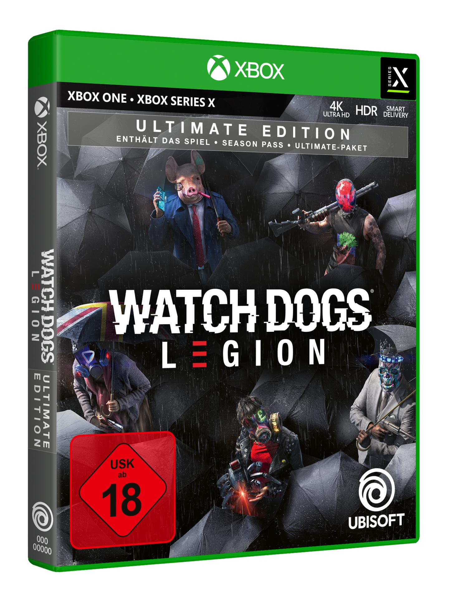 Watch Dogs Legion Spielbox mit Maskenfiguren und dem Xbox-Logo.