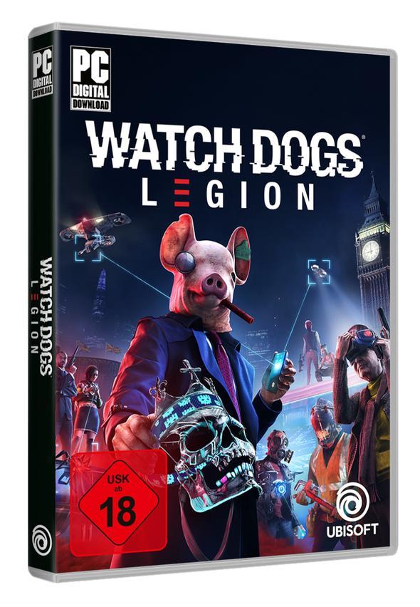 Watch Dogs Legion Spielhülle. Eine Figur mit Schweinemaske hält einen Schädel.