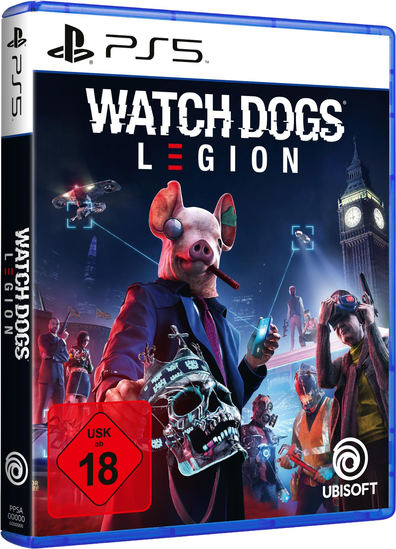 Spielbox-Art für Watch Dogs Legion. Eine maskierte Figur mit Schweinegesicht hält einen Totenkopf vor Stadtkulisse.