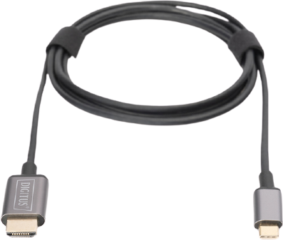 Schwarzes USB-C-Kabel mit Anschlüssen an beiden Enden. Das Kabel ist aufgerollt und mit einem Klettverschluss gehalten.