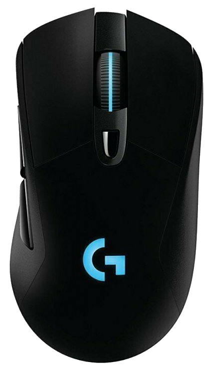 Fekete Logitech gaming egér kék fénnyel a logón és a görgetőkeréken.