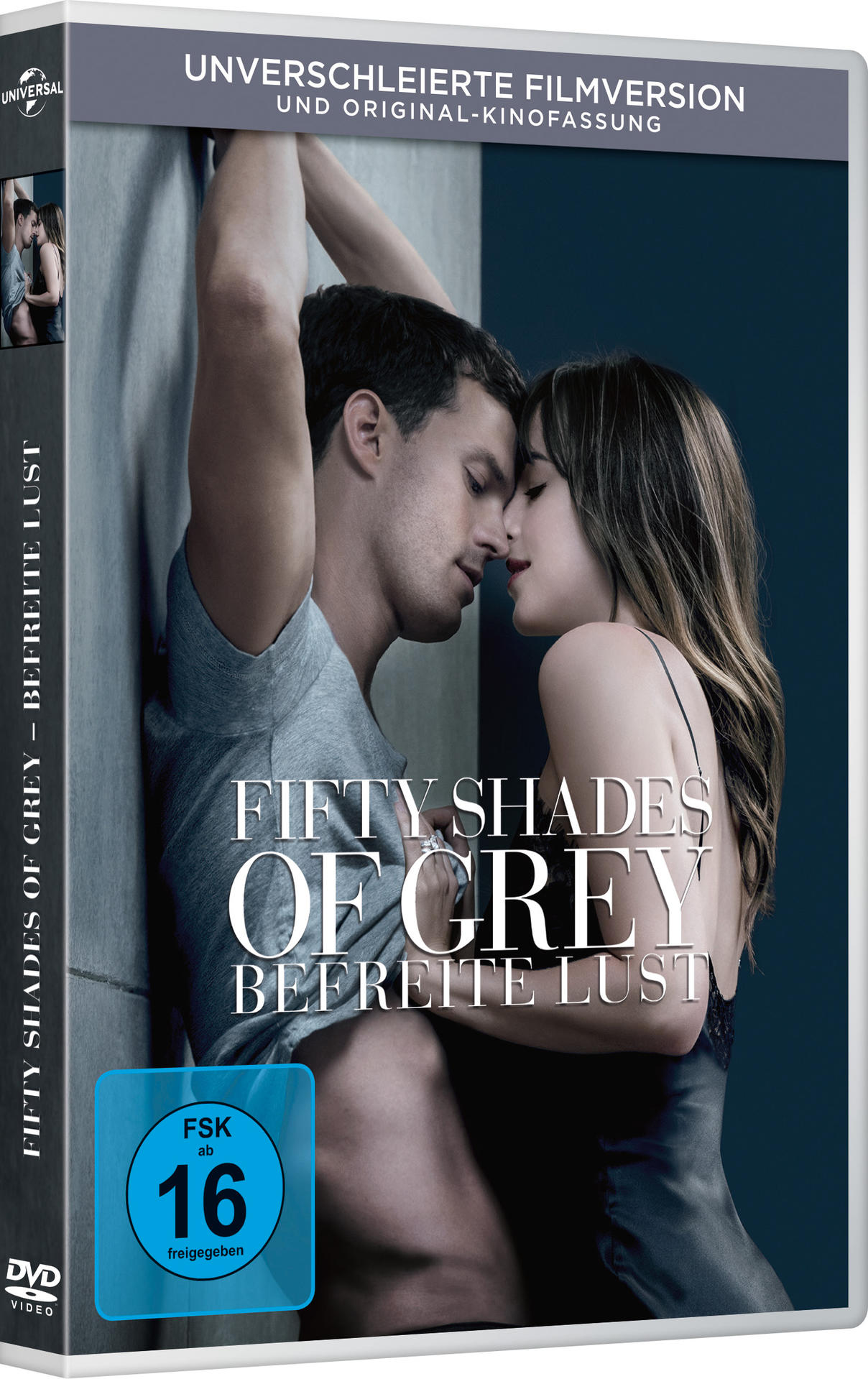 DVD-Cover von "Fifty Shades of Grey" mit umarmendem Paar und FSK 16-Aufkleber.