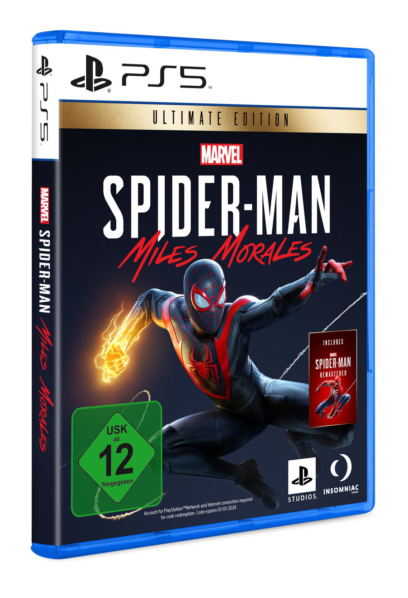 Eine PlayStation 5-Spielbox für 'Marvel's Spider-Man: Miles Morales' in Schwarz, Rot und Weiß.