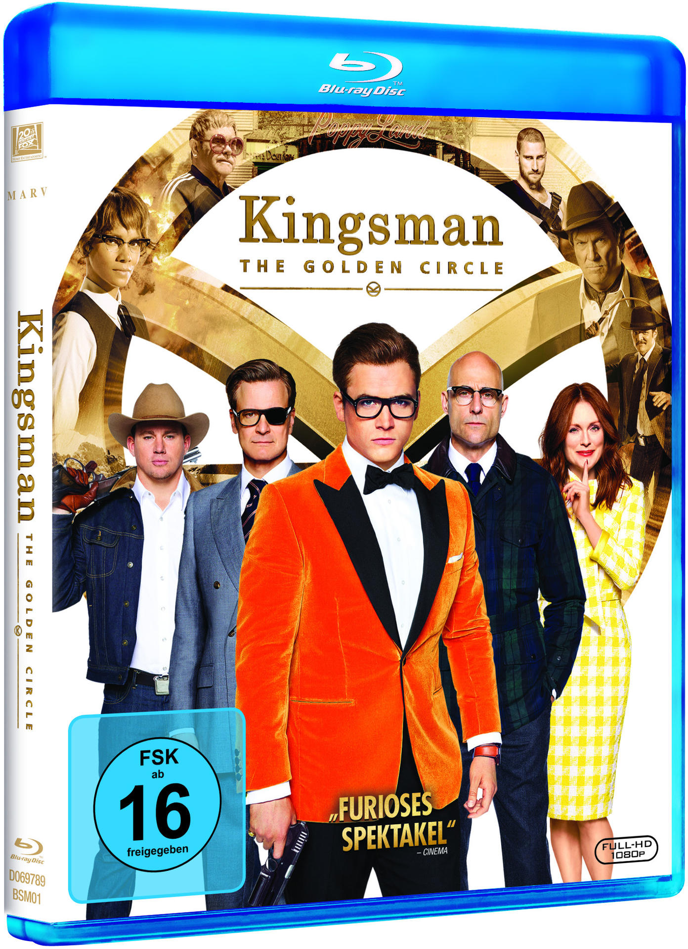 Filmcover: Kingsman: The Golden Circle. Schauspieler in Anzügen. Blauer Hintergrund.