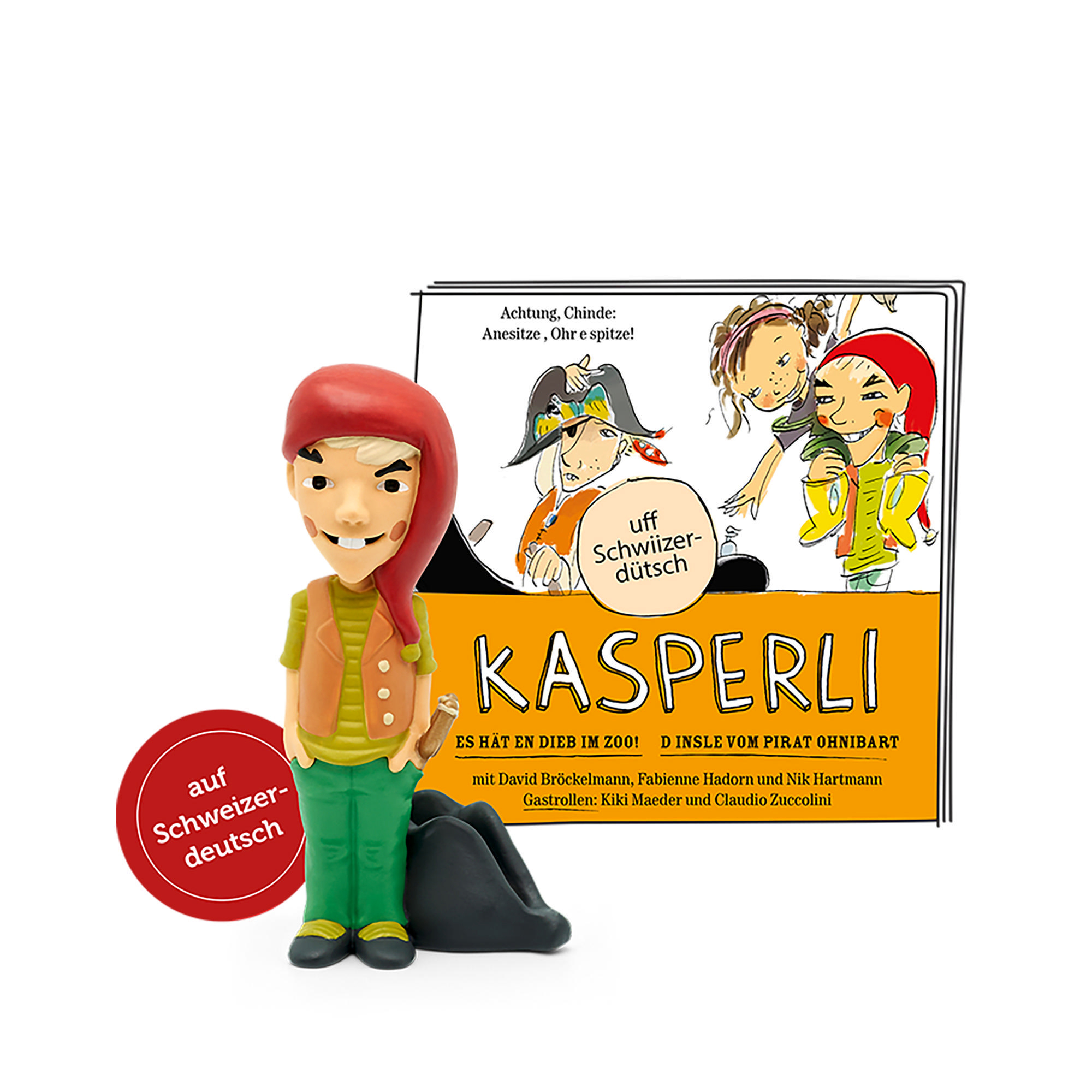 Eine Cartoonfigur mit rotem Hut und eine Buchillustration von Kindern und einem Piraten.