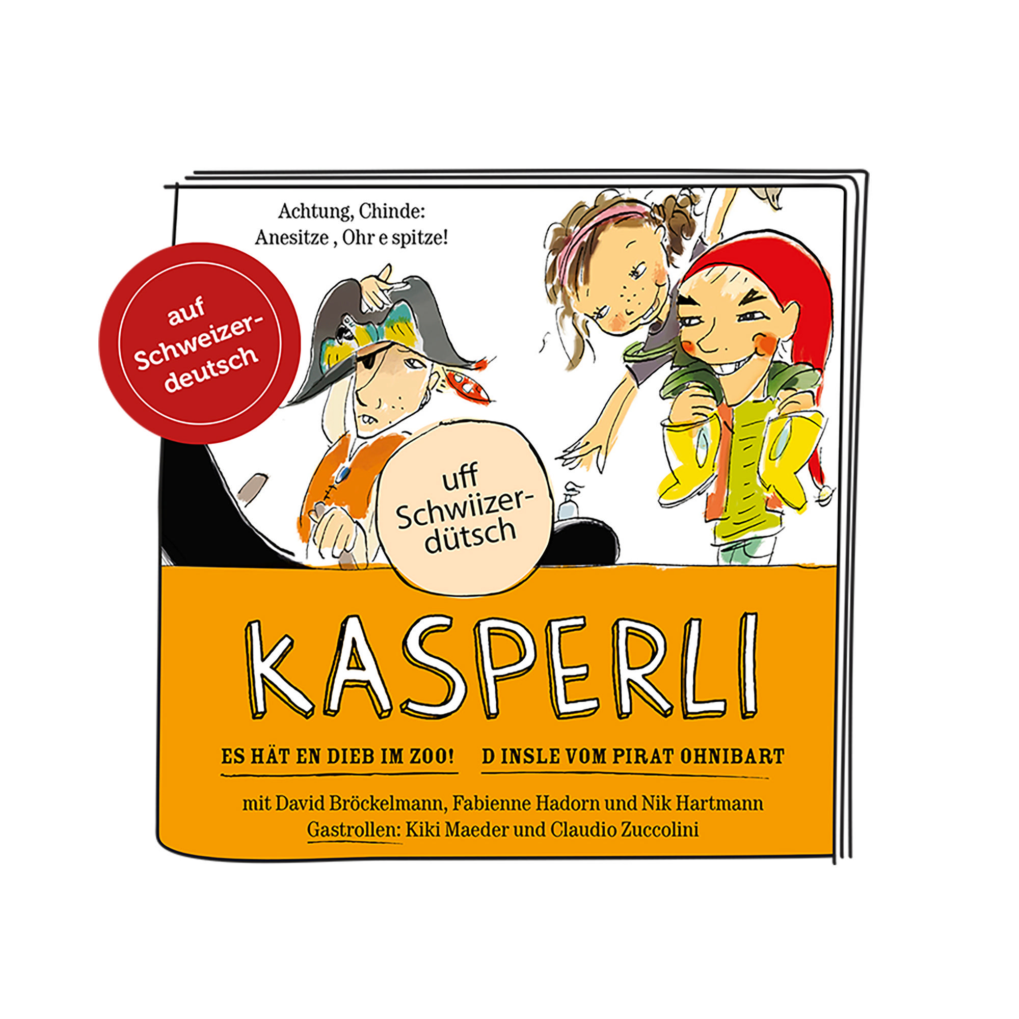 Illustration eines Kinderbuchcovers in Schweizerdeutsch. Figuren sind in einem verspielten Stil gezeichnet.