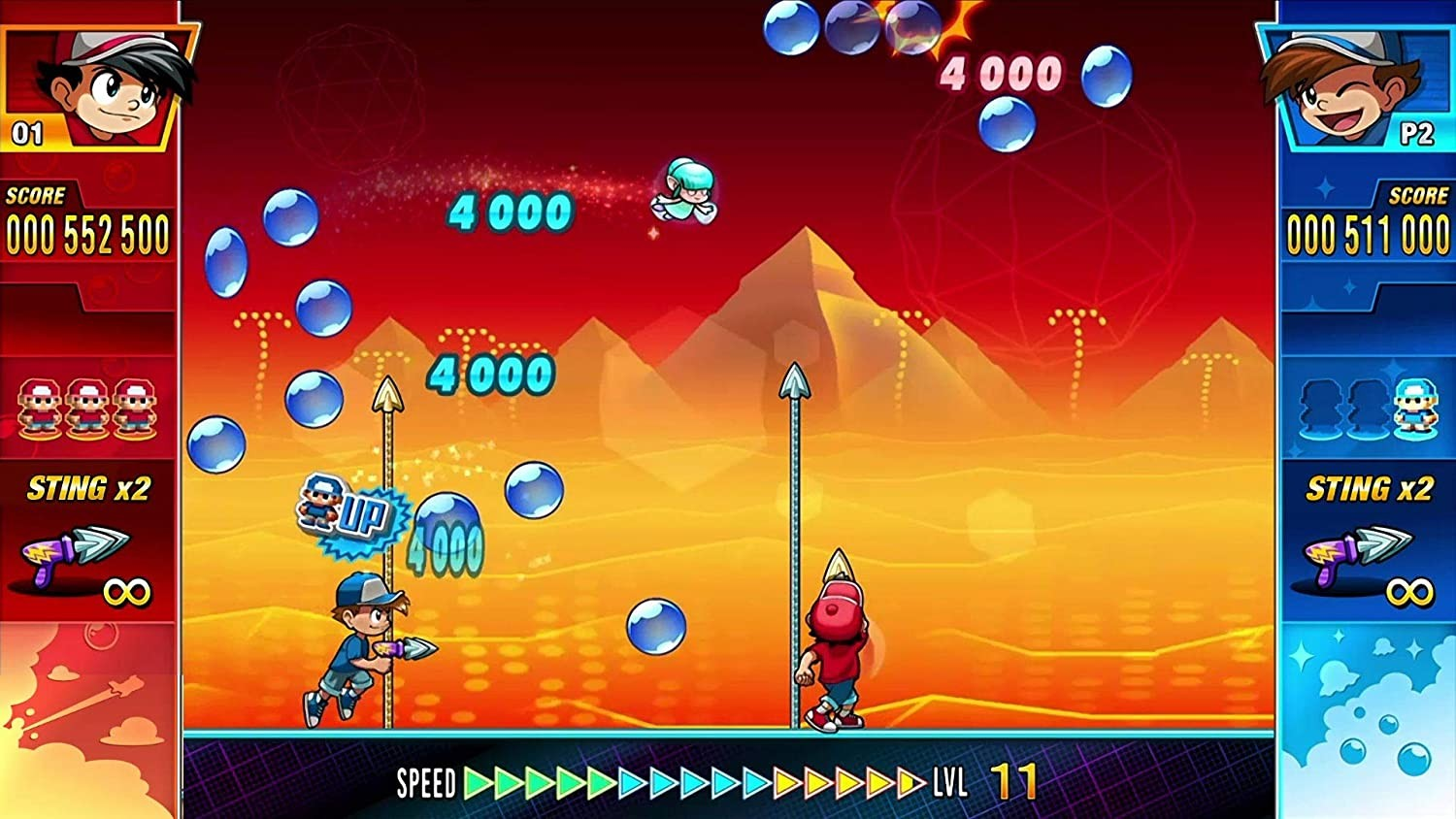 Pantalla de videojuego con dos jugadores. Orbes azules y explosiones, un entorno de dibujos animados.