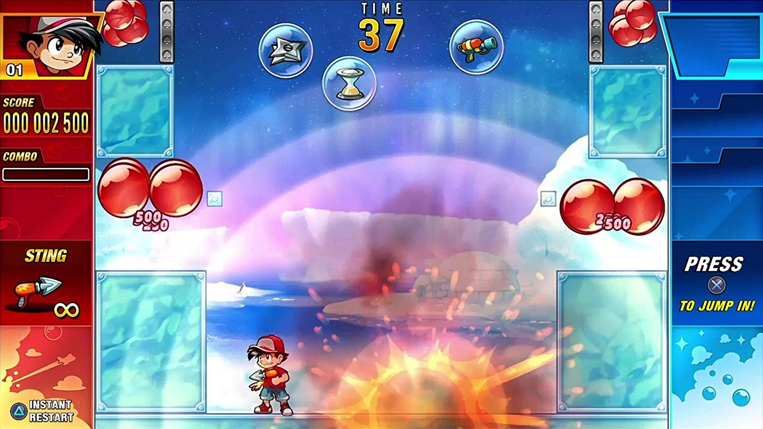 Pantalla de videojuego. Chico con gorro rojo disparando burbujas, puntuación y temporizador.