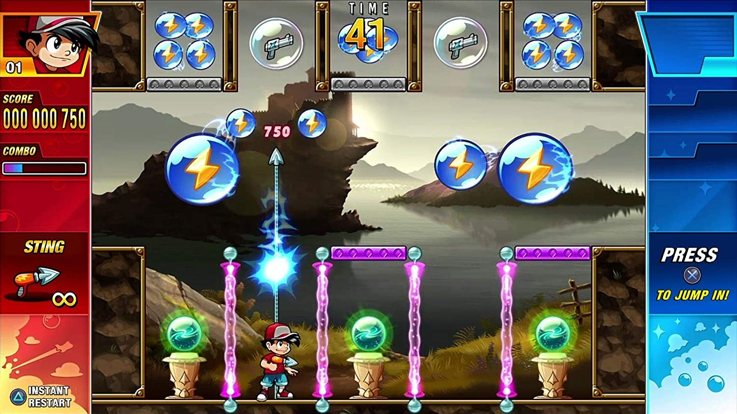 Pantalla de videojuego. Personaje en nivel con enemigos y potenciadores.
