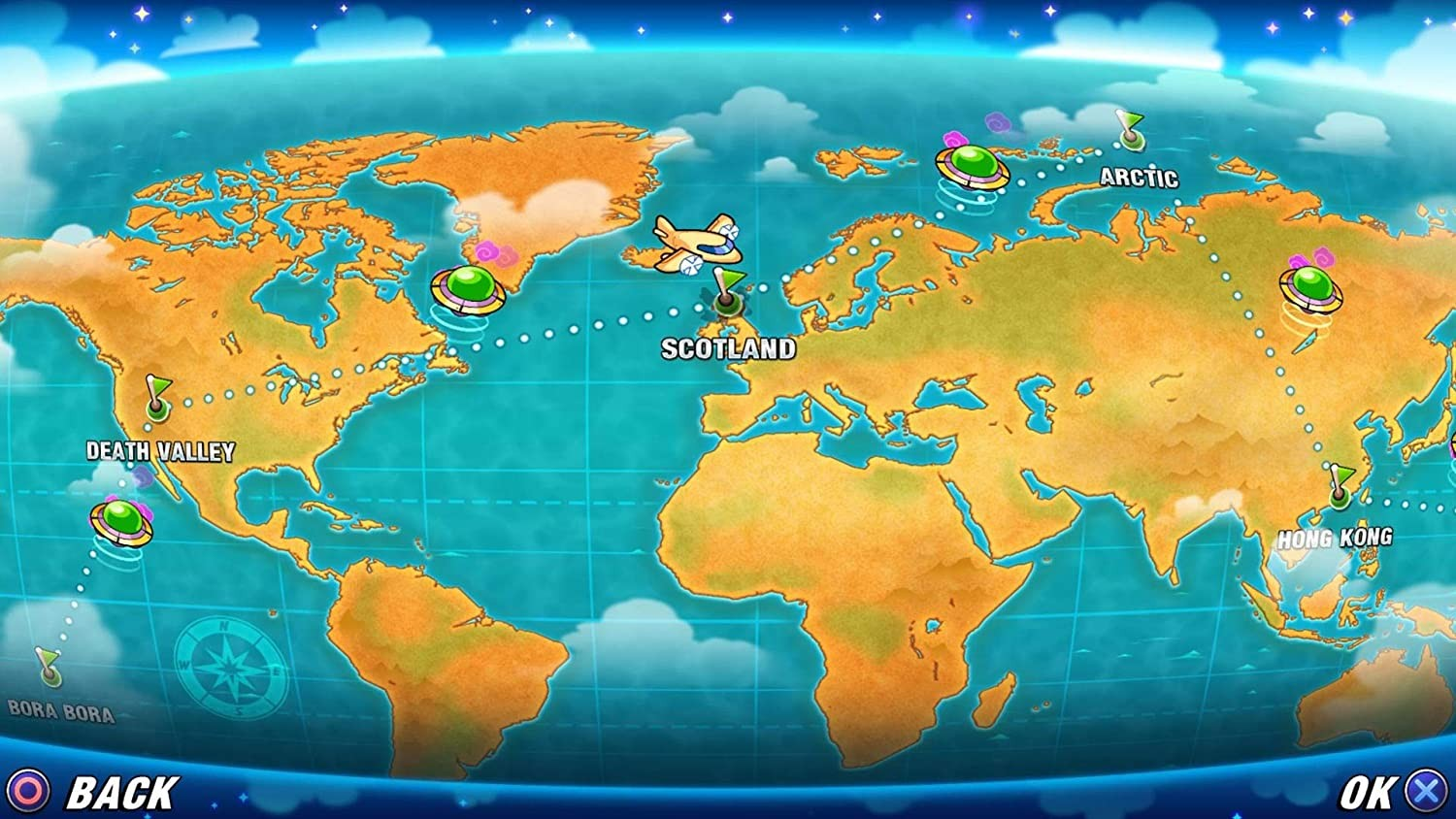 Un mapa de dibujos animados del mundo con diferentes ubicaciones y un avión.