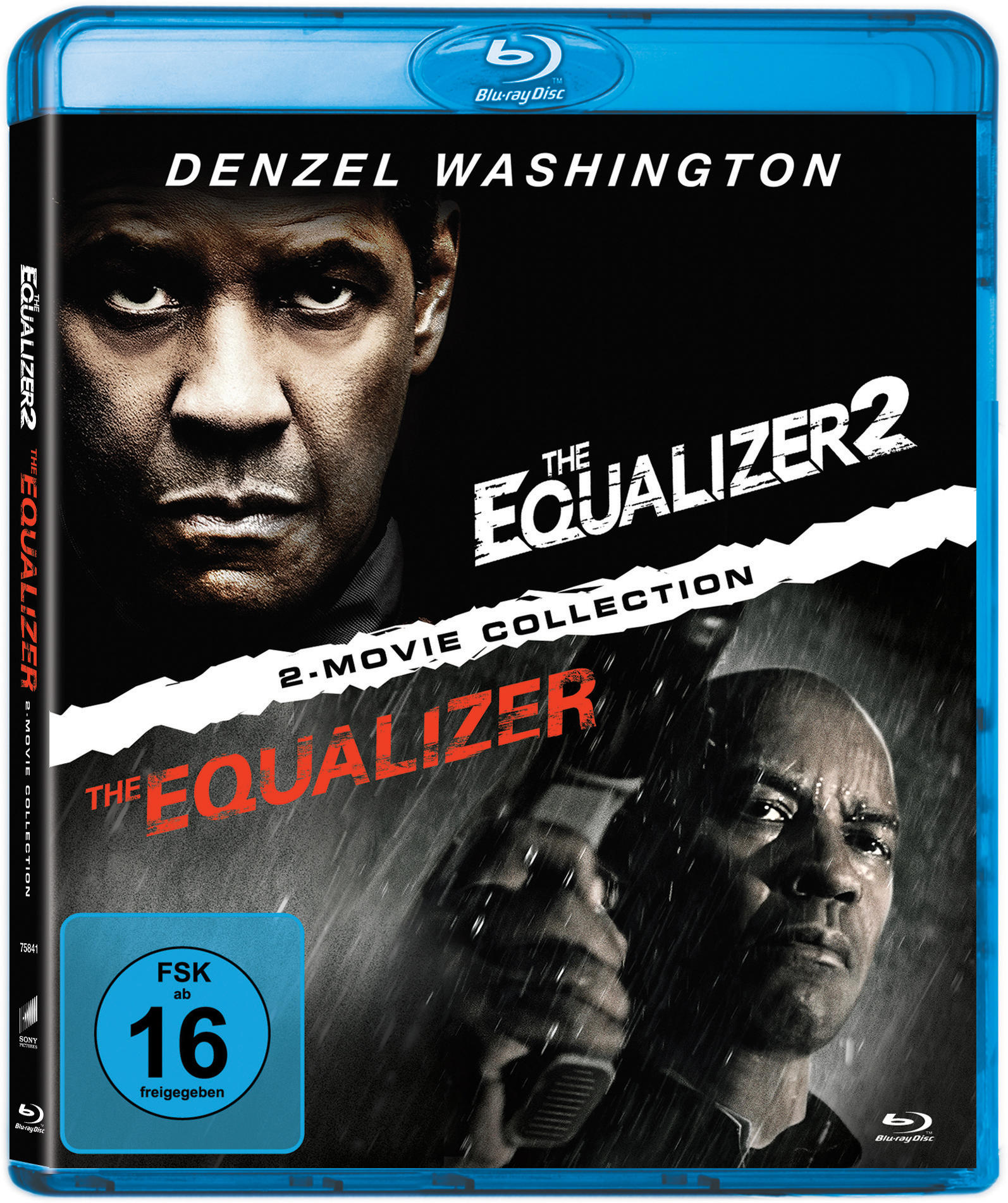 Cover von "The Equalizer 2" Blu-ray. Denzel Washingtons Gesicht ist geteilt. Titeltext ist weiß auf schwarz.