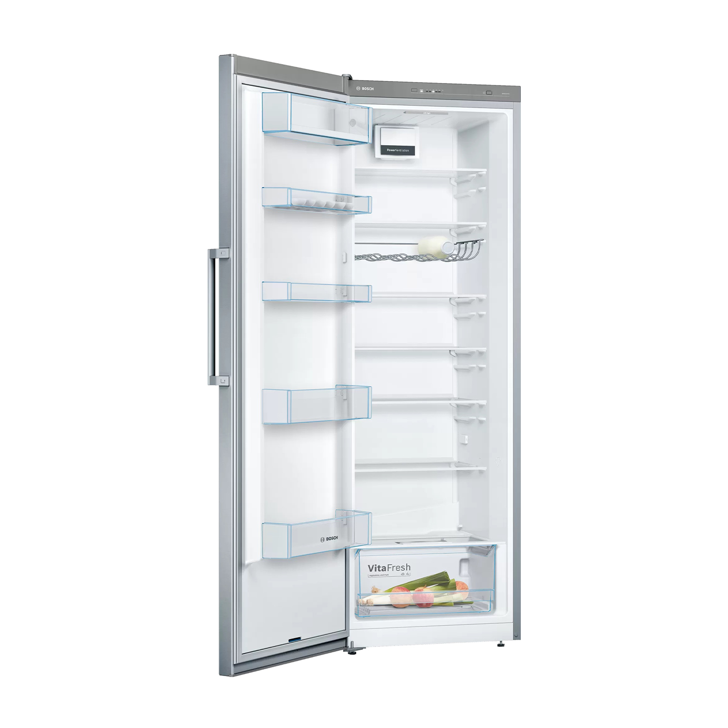 Refrigerador abierto, estantes, cajones y contenido visible, con comida.