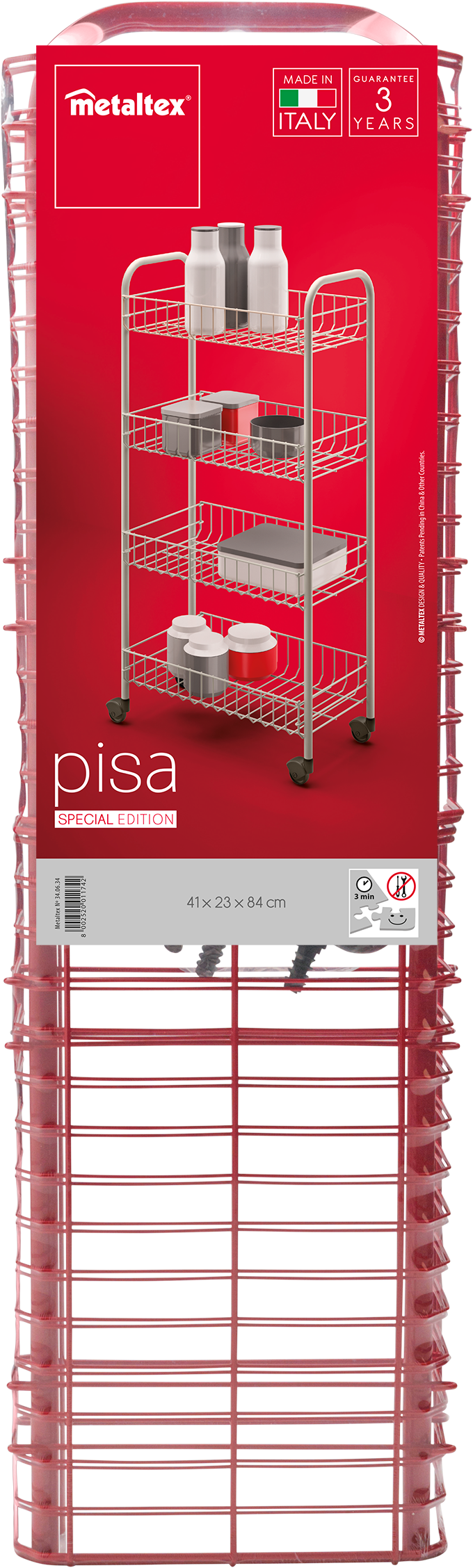 Piros Metaltex Pisa guruló kocsi, polcokkal, amelyek tartályokat és palackokat tartanak, piros csomagoláson.