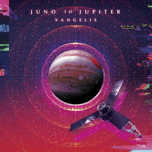 Pochette de l'album Juno to Jupiter de Vangelis. Montre Jupiter et un vaisseau spatial sur fond rouge et violet.