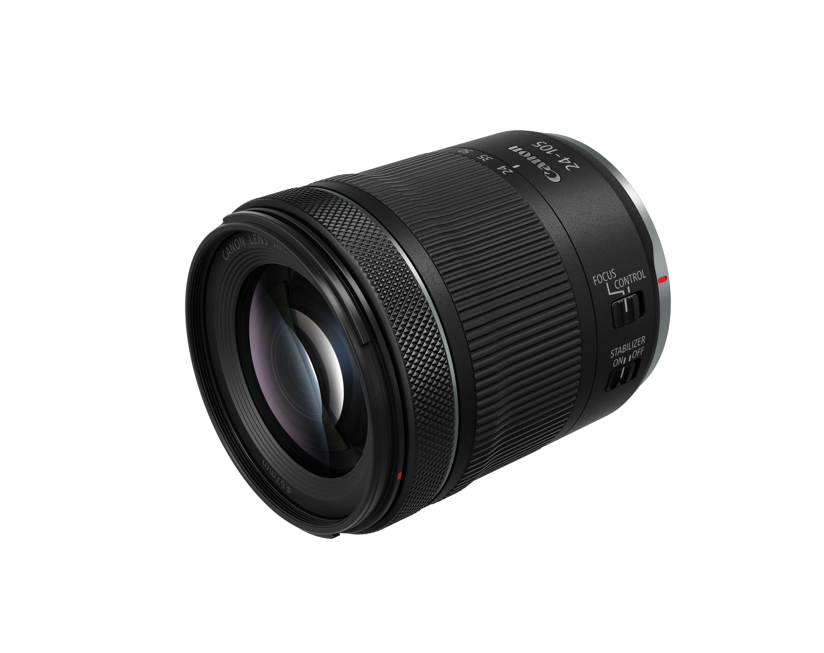 Beyaz bir arka plan üzerinde Canon RF 24-105mm kamera merceği.