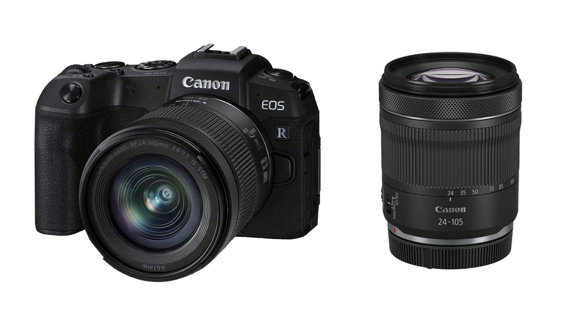 24-105 yazan bir lensin yanında bir Canon EOS R fotoğraf makinesi ve bir lens.