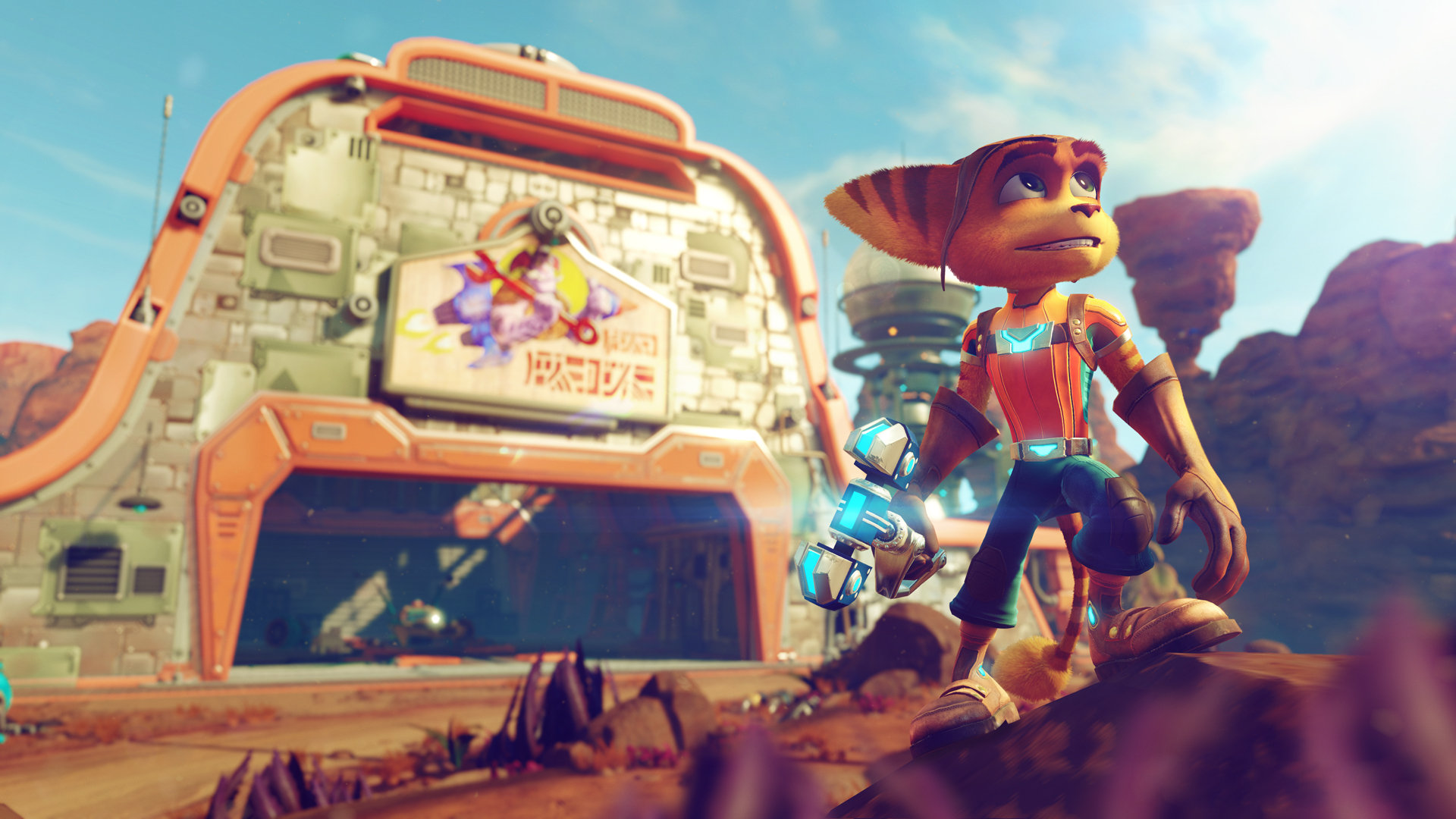 Ratchet, un personnage de dessin animé, se tient devant un bâtiment sur une planète.
