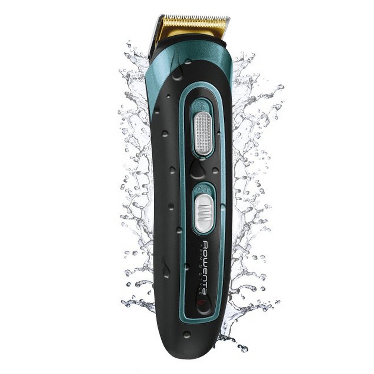 Afeitadora eléctrica negra y verde azulado con efectos de salpicaduras de agua, aislada sobre fondo blanco.
