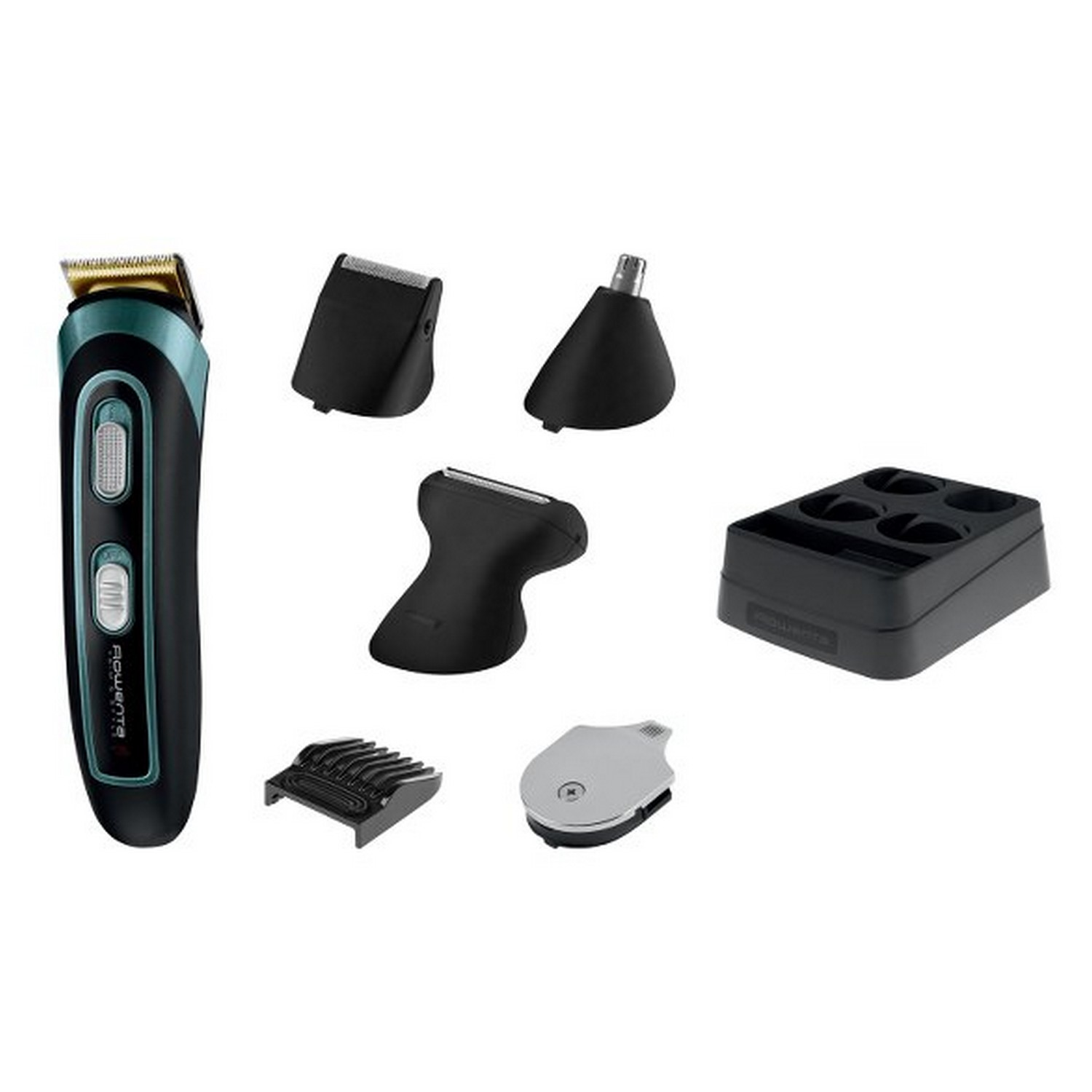 Kit de aseo múltiple negro y verde azulado con varios accesorios y un soporte.