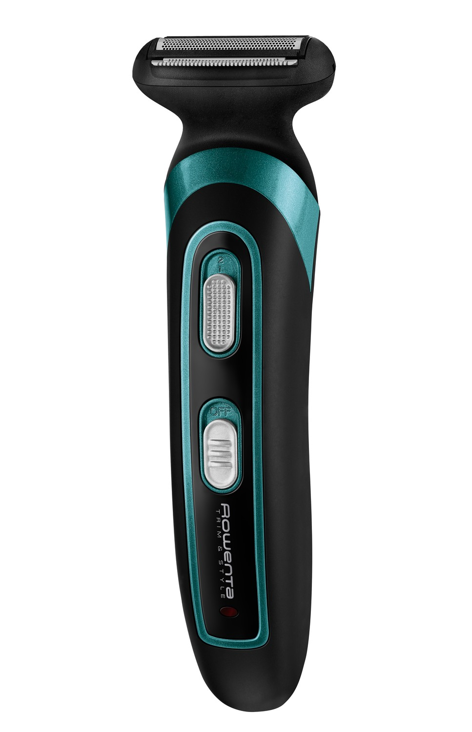 Afeitadora eléctrica negra y verde azulado con dos botones.