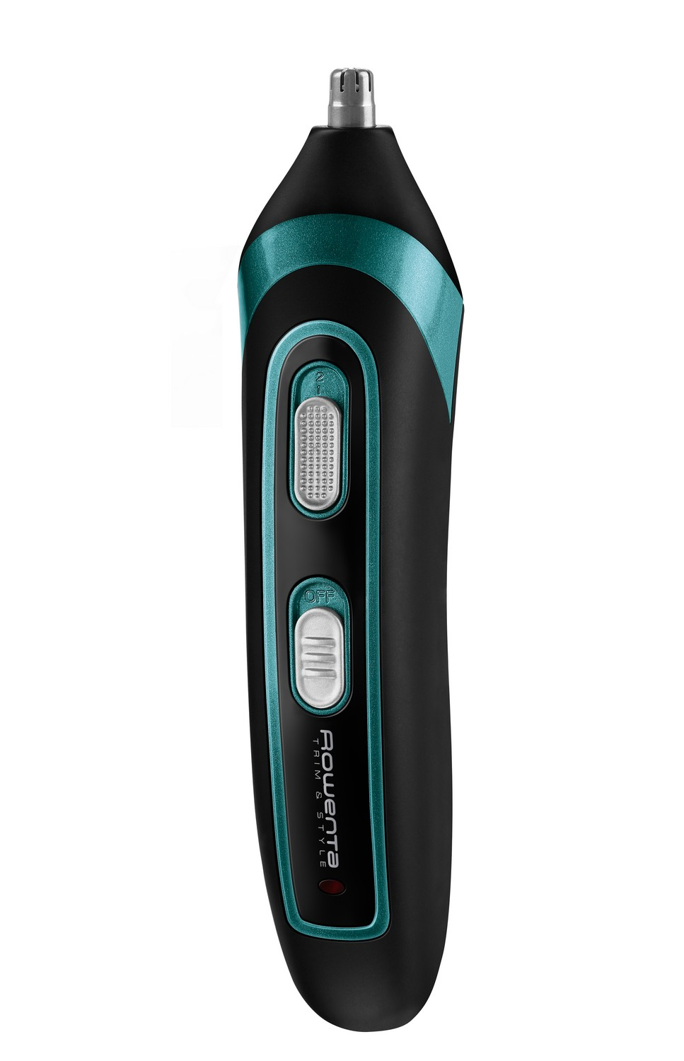 Un recortador de vello nasal negro y verde azulado con botones, de Rowenta.