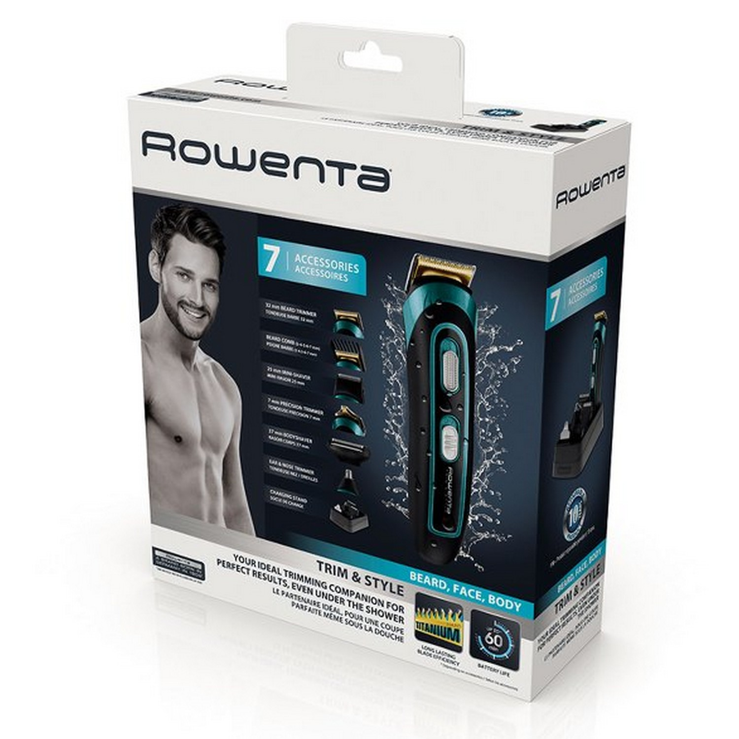 Caja para una recortadora de barba Rowenta. Tiene la imagen de un hombre, características.
