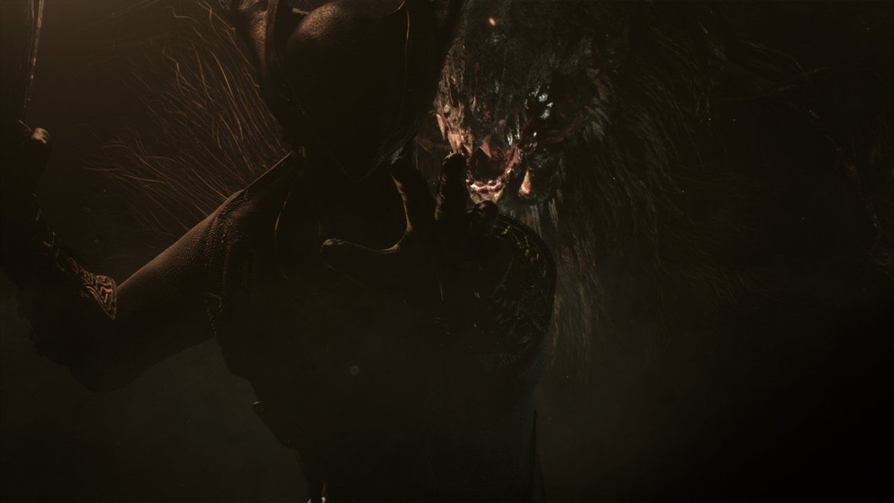 Image sombre et mélancolique d'une personne tendant la main vers un monstre ombragé à la gueule béante.