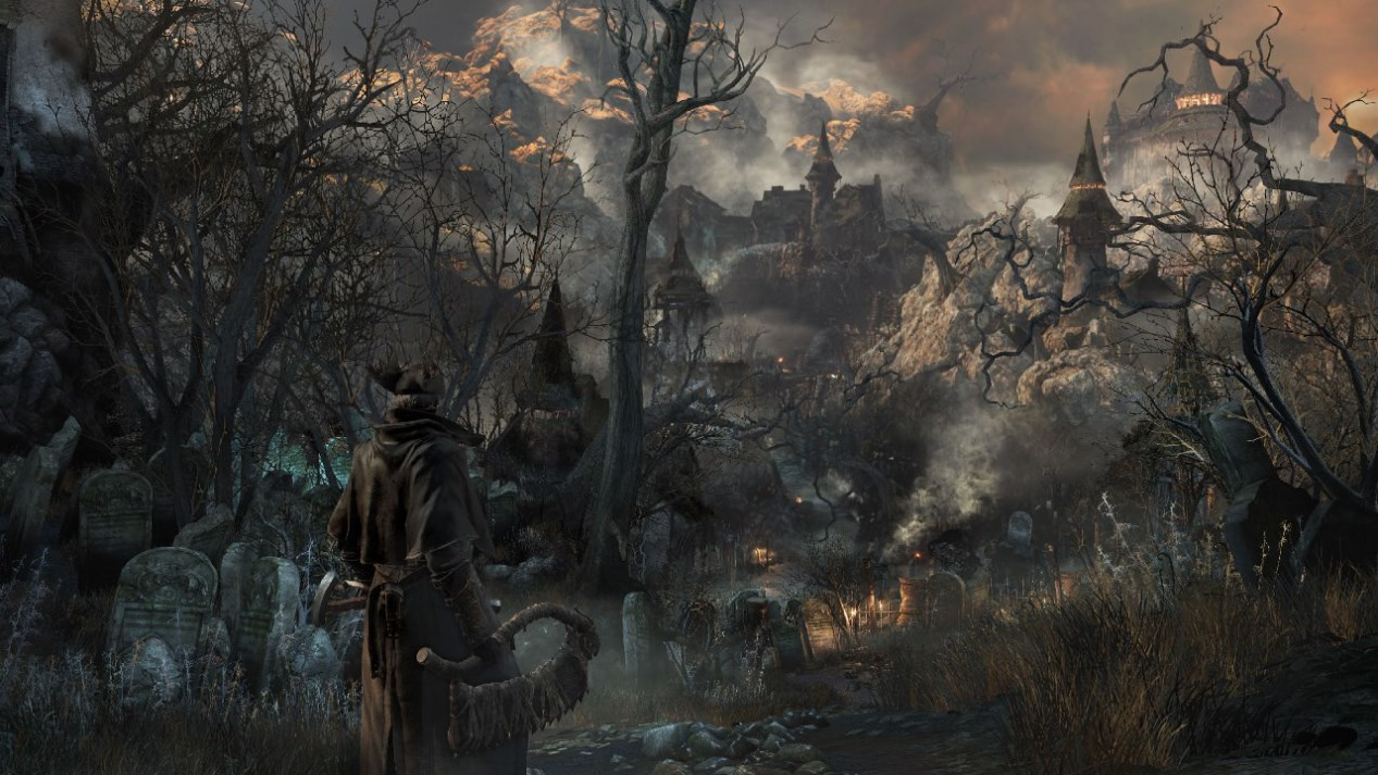 Une scène sombre et gothique d'un cimetière avec une figure en cape, des arbres et des bâtiments.