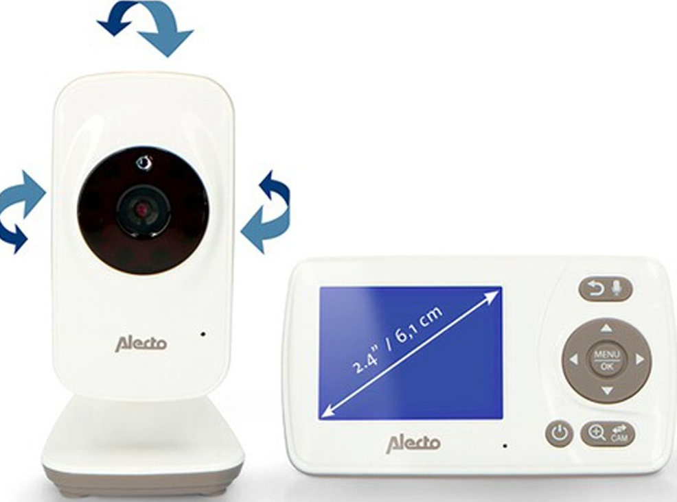 Moniteur bébé blanc avec écran et caméra, des flèches montrent la rotation.