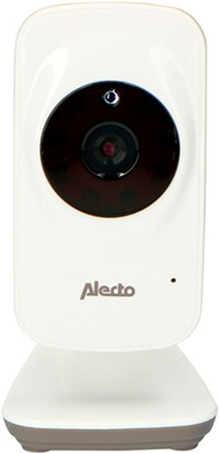 Un babyphone blanc avec un objectif de caméra noir et la marque Alecto.