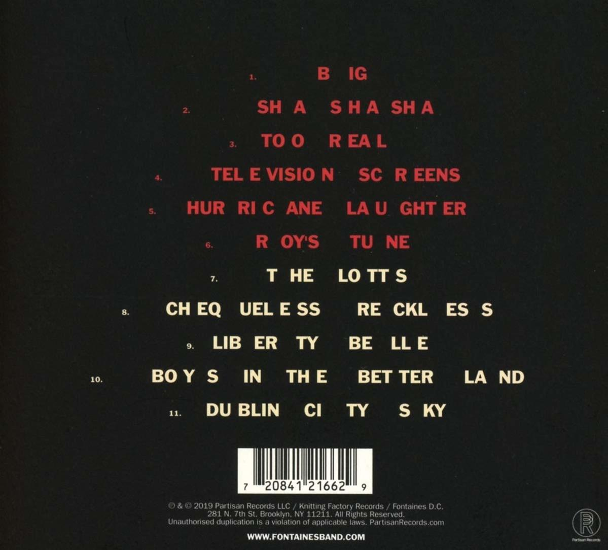 Rückseite eines Albums mit Titelliste. Text auf dunklem Hintergrund.