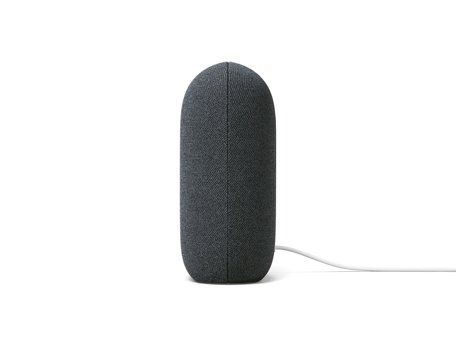 Een grijze cilindrische Google Nest-luidspreker met een witte stroomkabel.