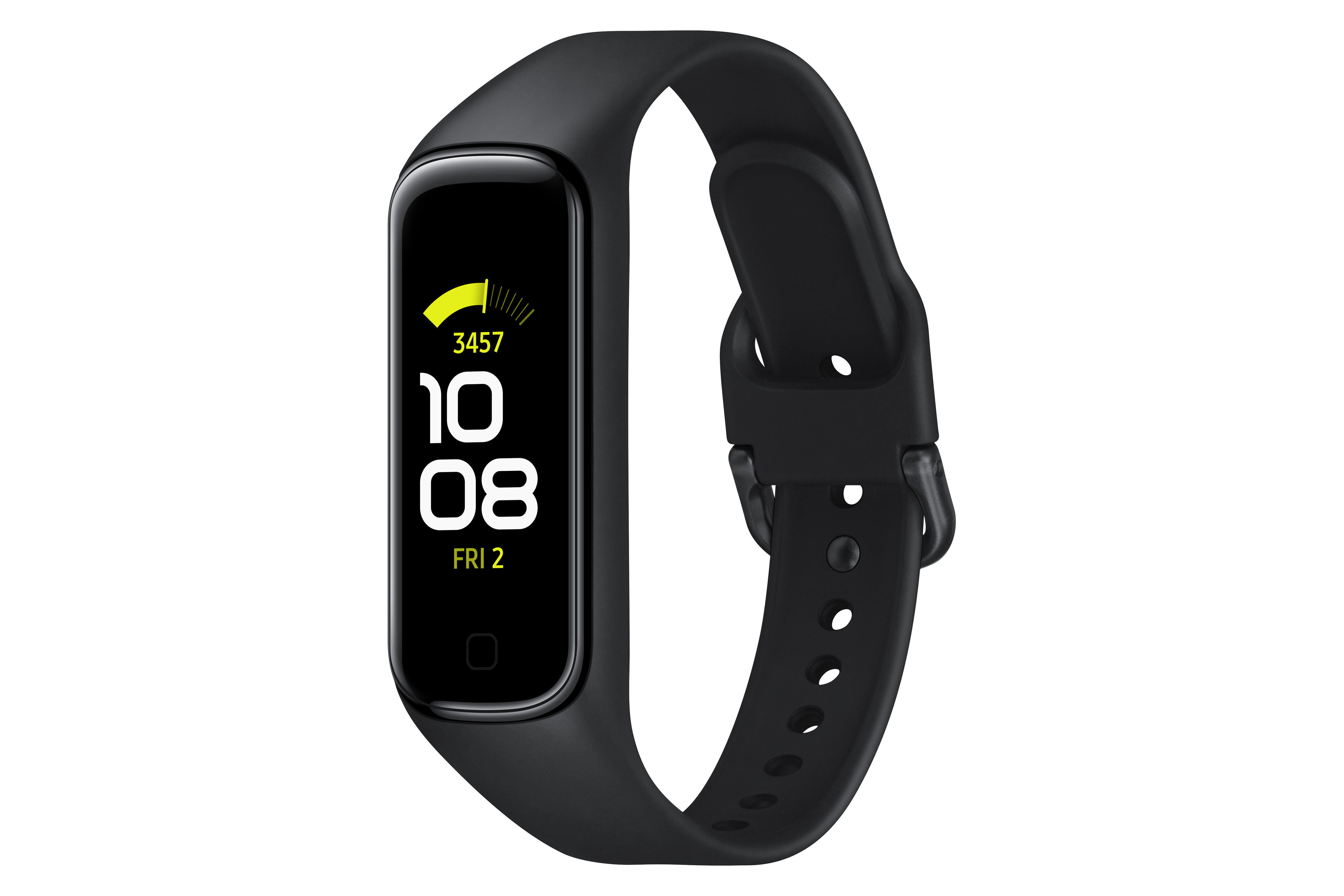 Schwarzer Fitnesstracker mit digitaler Anzeige von Zeit und Aktivitätsdaten.