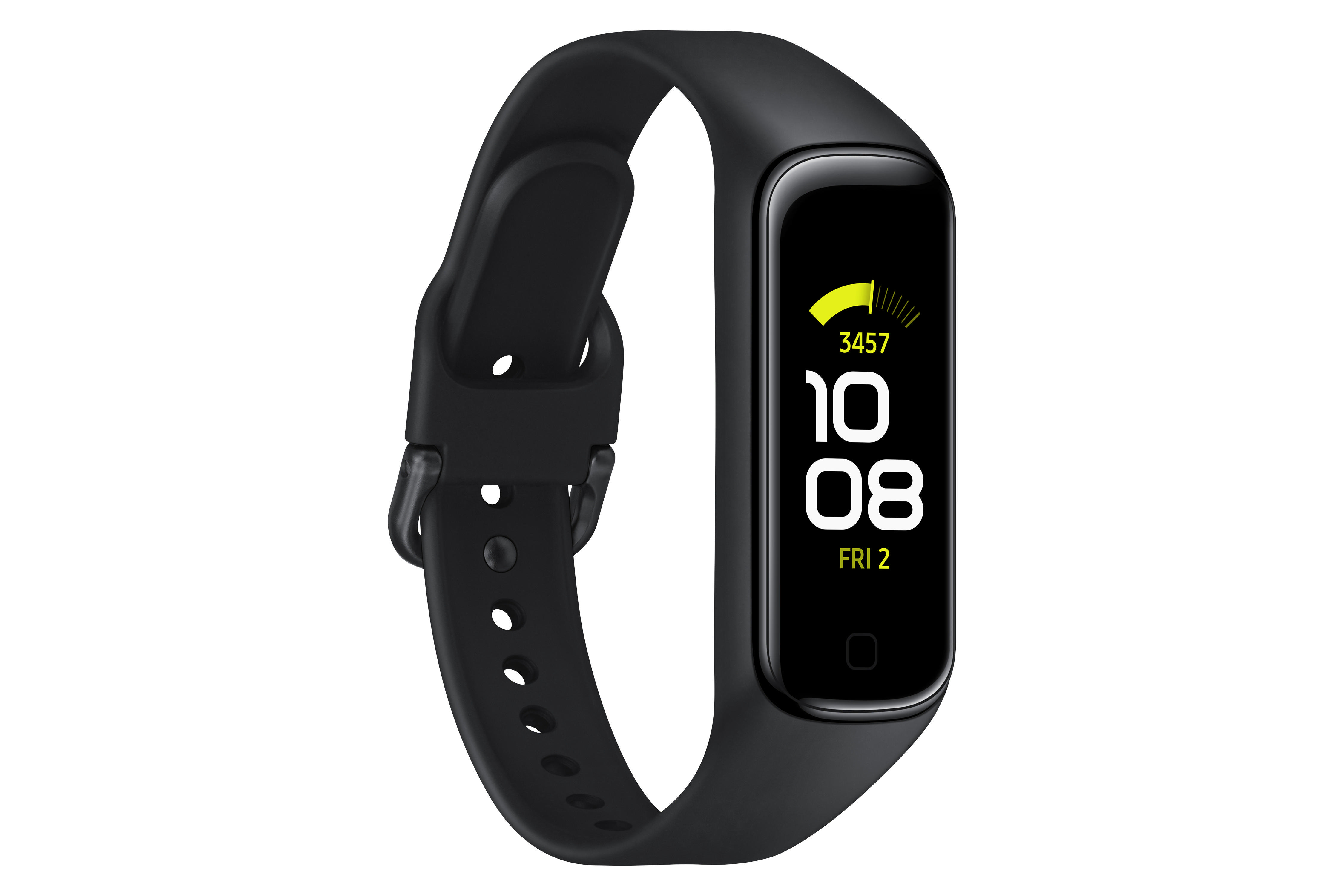 Ein schwarzer Fitnesstracker mit Display, das Zeit- und Aktivitätsdaten anzeigt.