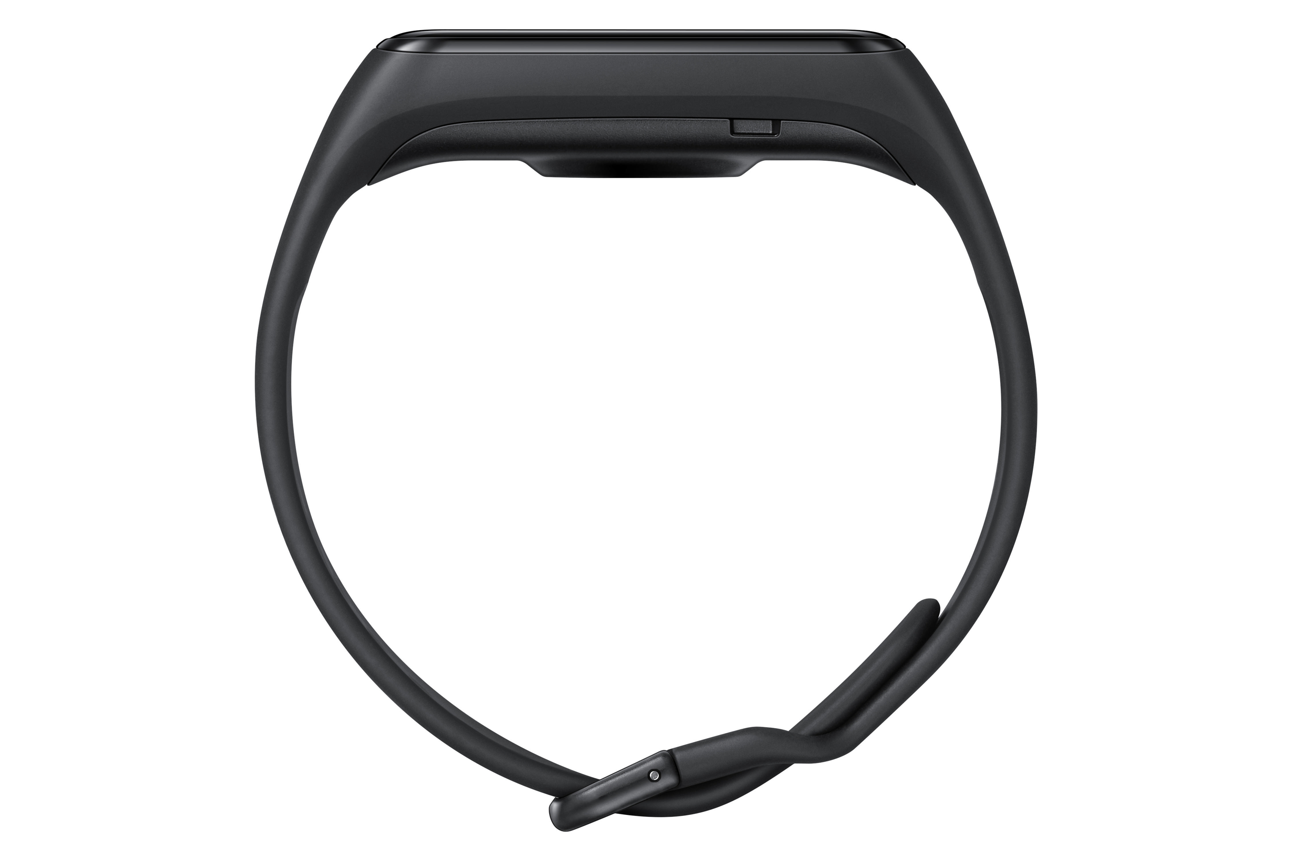 Schwarzer Fitnesstracker auf weißer Oberfläche. Es ist ein oval geformtes Gerät.