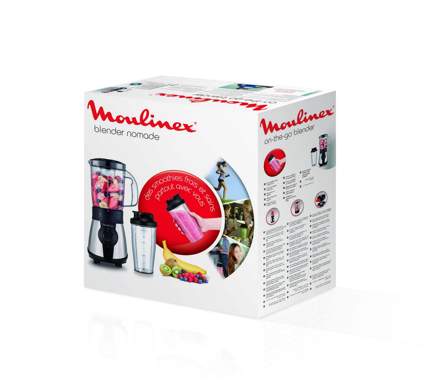 Caja de la licuadora Moulinex. La caja muestra una licuadora con frutas y una persona corriendo.
