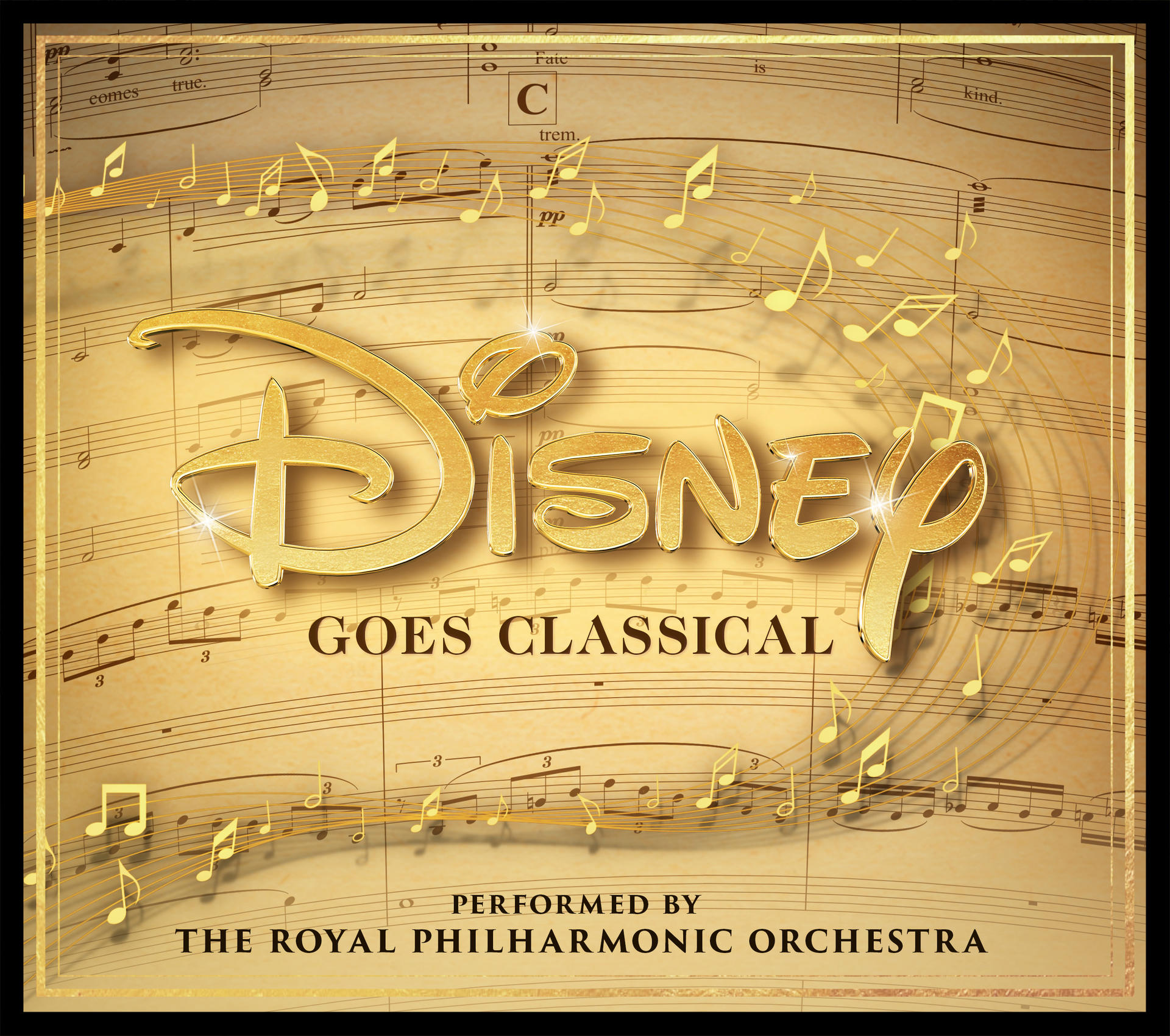 A 'Disney Goes Classical' album borítója, zenei jegyzetekkel és arany betűkkel.