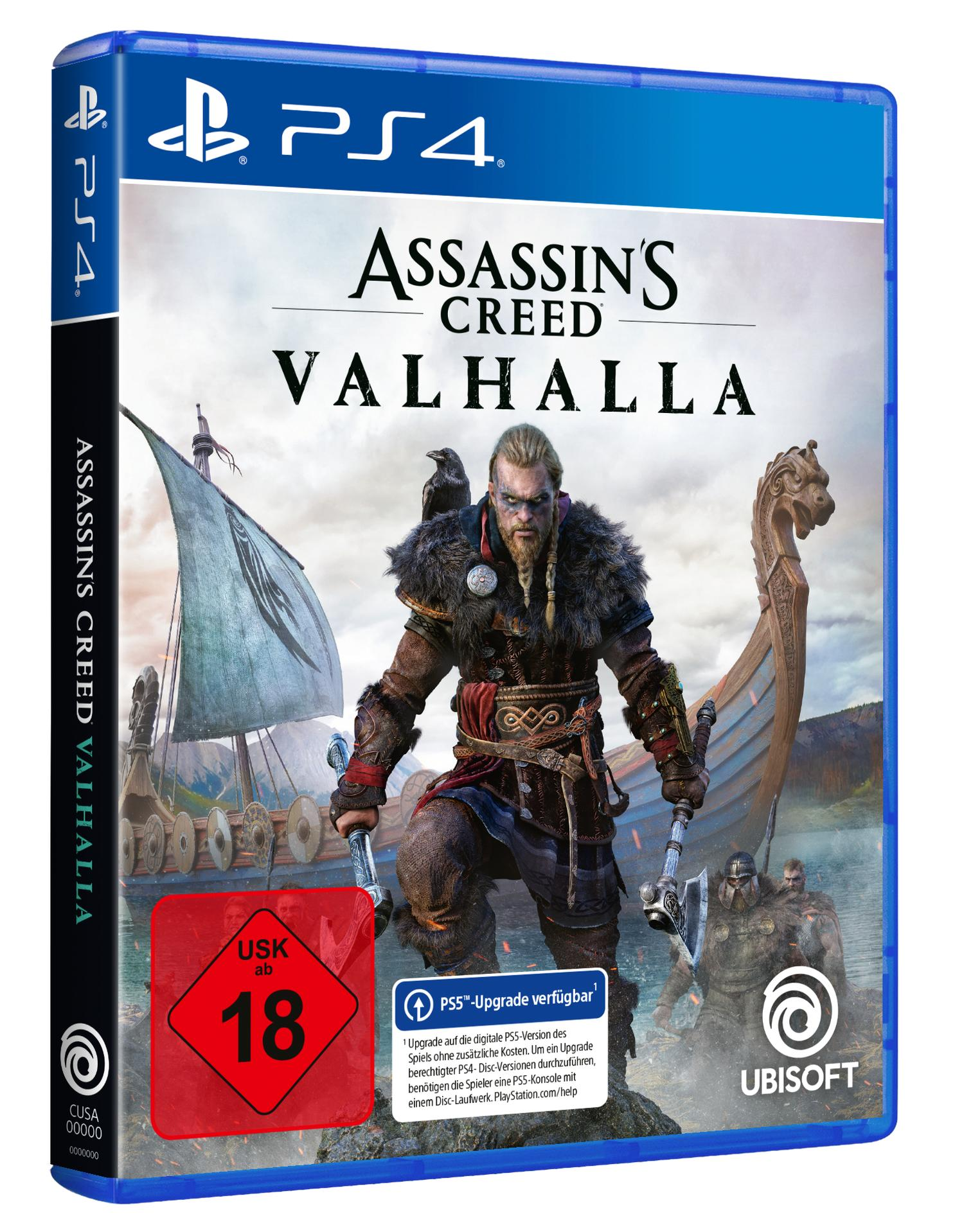 PS4-Spielverpackung für Assassin's Creed Valhalla. Ein Wikingerkrieger mit Äxten steht vor einem Schiff, dunkler Hintergrund.
