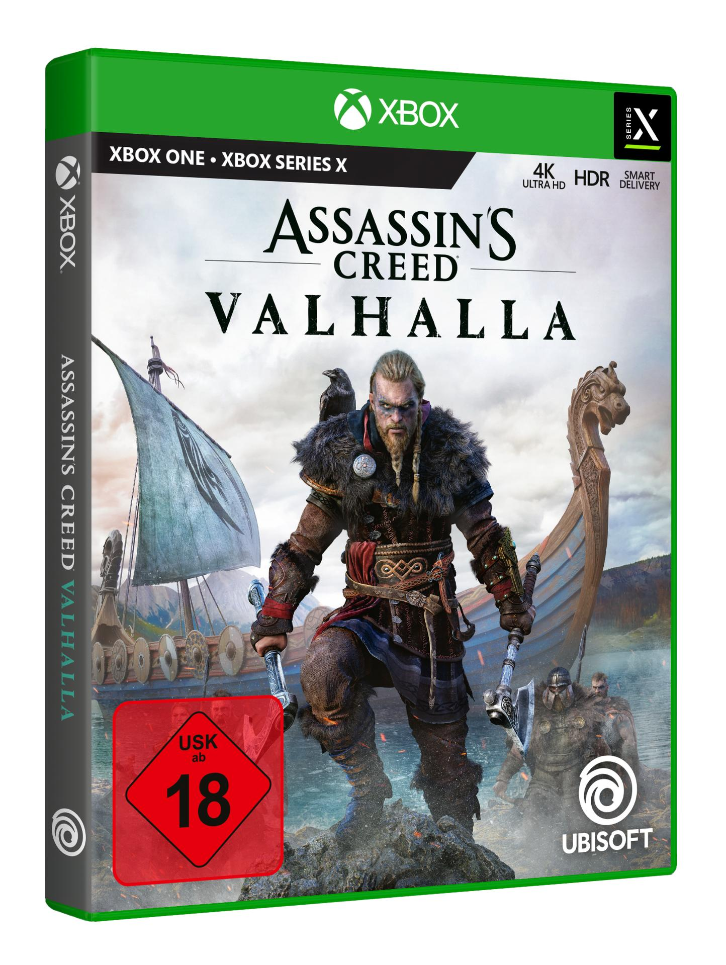 Xbox-Spielverpackung für Assassin's Creed Valhalla, mit einem Wikingerkrieger auf dem Cover.