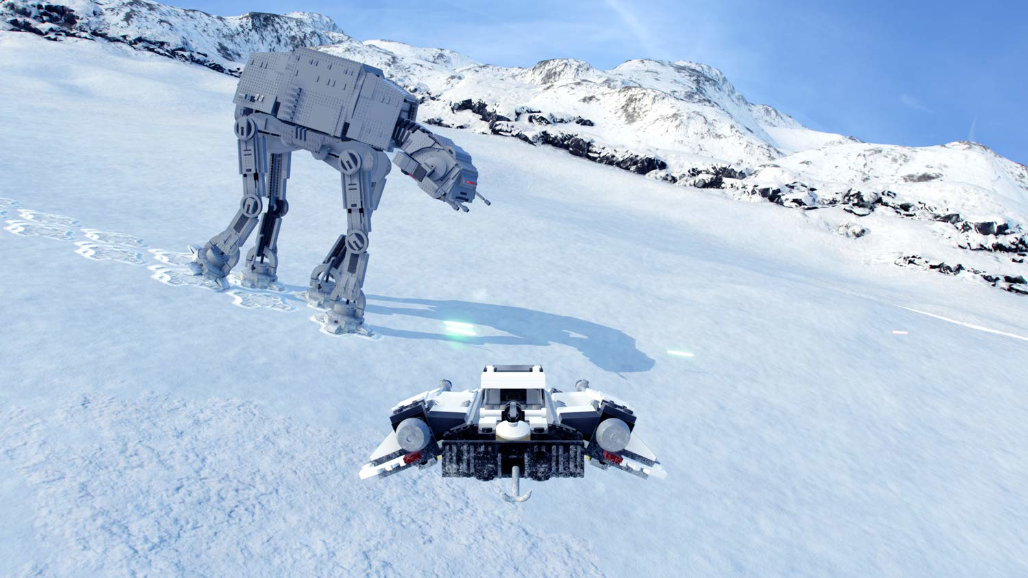 Lego AT-AT Walker und ein Lego Speeder auf einem schneebedeckten Planeten.