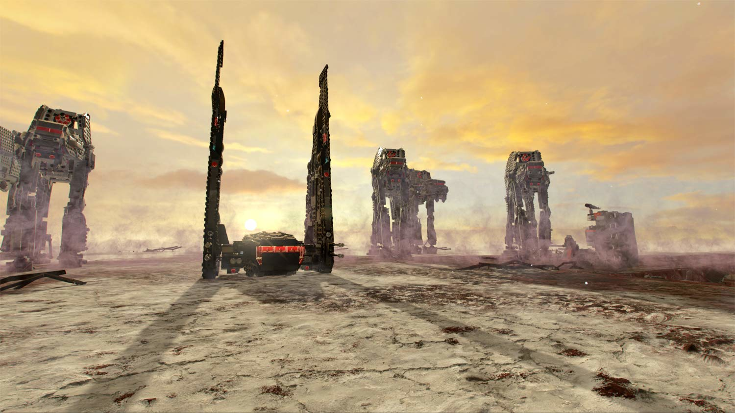 Eine Landschaft mit mehreren AT-AT-Walkern. Die Sonne geht unter, und der Boden ist mit Schnee bedeckt.