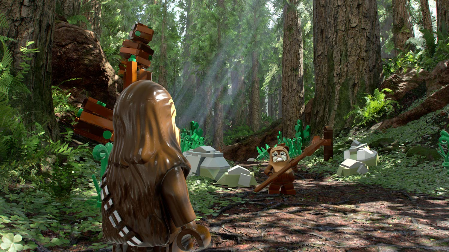 Eine Lego Star Wars Szene: Chewbacca und ein Ewok in einem Wald mit Bäumen und Lego-Strukturen.