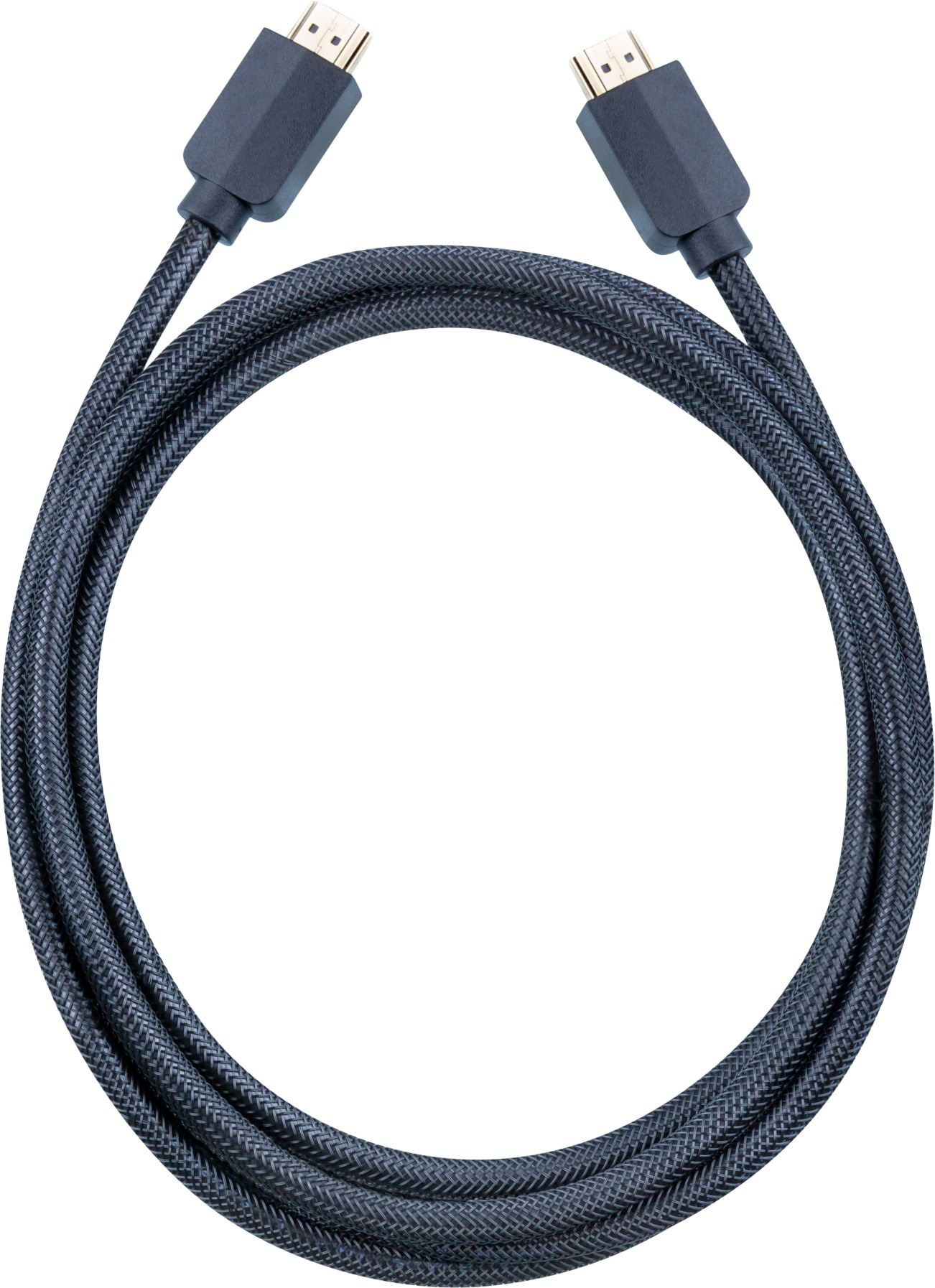 Câble HDMI noir avec deux connecteurs. Le câble est épais et tressé.