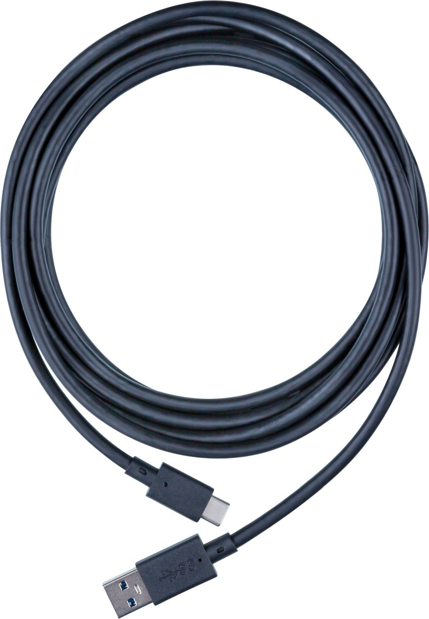 Schwarzes USB-Kabel mit USB-A- und USB-C-Anschluss, auf weißem Hintergrund aufgerollt.