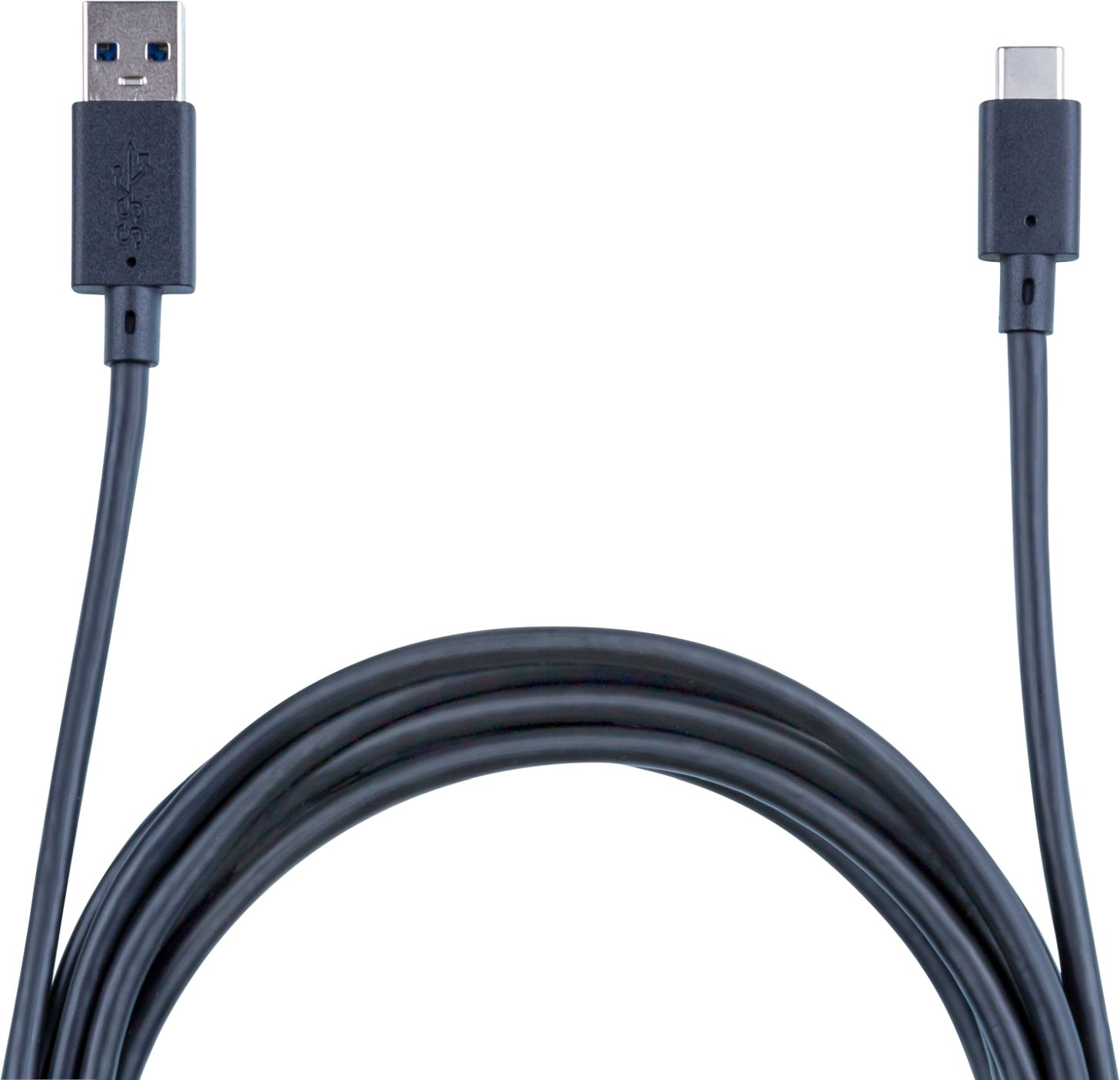 USB-zu-USB-C-Kabel, schwarz, isoliert auf weiß. USB links, USB-C rechts.